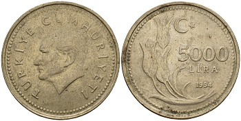 Турция 5000 лир 1994 Кемаль Ататюрк KM 1025 никель латунь 4599-331