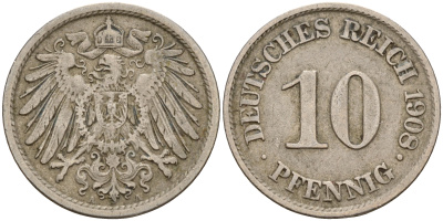 Германия 10 пфеннигов 1908 A J. 13,  KM 12 медно-никель    4603-724