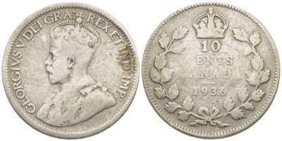 КАНАДА 10 ЦЕНТОВ 1936 ГЕОРГ V KM 23а серебро 116-855