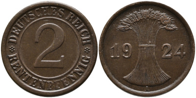 ГЕРМАНИЯ 2 РЕНТЕНПФЕННИГА 1924 А KM 31, J.307 бронза 96-613