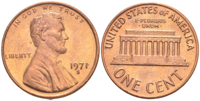 США 1 ЦЕНТ 1971 S, ЛИНКОЛЬН KM 201 медь цинк UNC 187-613