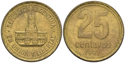 Аргентина 25 сентаво 1992 ратуша Буэнос-Айреса KM 110, CJ 4.1.1, Schon 111 алюминиевая бронза    60-436