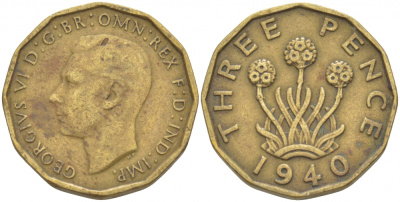 Великобритания 3 пенса 1940 Георг VI (1936-1952) KM 849, Spink 4112 никель латунь 212-1255