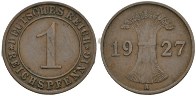 Германия 1 рейхспфенниг 1927 A KM 37, J. 313 бронза 4189-1121