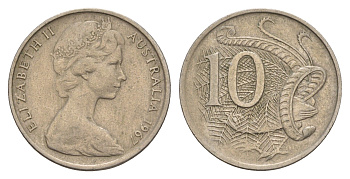 Австралия 10 центов 1967 Елизавета II (1952-2022), птица лирахвост KM 65 медно-никель 4657-134