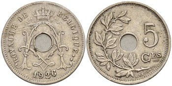 БЕЛЬГИЯ 5 САНТИМОВ 1926 BELGIQUE KM 66 медно-никель 4546-127