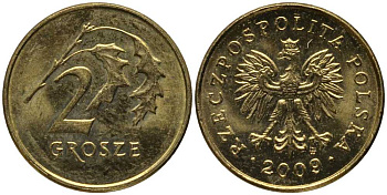 ПОЛЬША 2 ГРОША 2009 MW KM 277 латунь 201-421