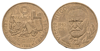 Франция 10 франков 1985 100 лет со дня смерти Виктора Гюго KM 956 никель латунь 4118-632