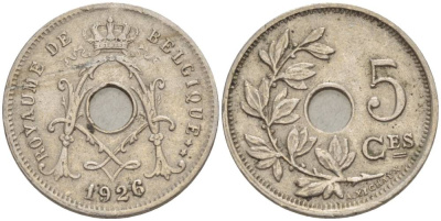 БЕЛЬГИЯ 5 САНТИМОВ 1926 BELGIQUE KM 66 медно-никель 4546-127