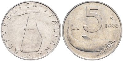 Италия 5 лир 1998 R, дельфин KM 92 алюминий  UNC  4594-1027