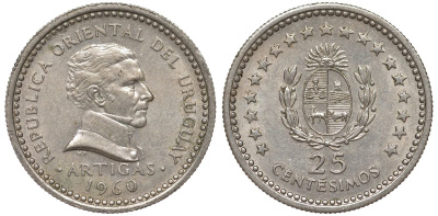 Уругвай 25 сентесимо 1960 KM 40 медно-никель 4580-1143
