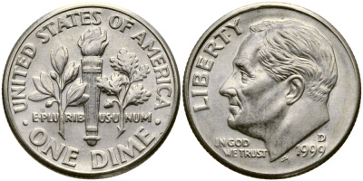 США 10 ЦЕНТОВ = 1 ДАЙМ 1999 D, РУЗВЕЛЬТ KM 195а медь плакированная медно-никелем 46-1038