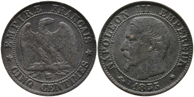 Франция 5 сантимов 1855 BB, Наполеон III (1852-1870) KM 777.3, LE FRANC 116.21 бронза 28-912