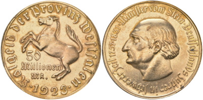 Вестфалия 50000000 марок 1923 Funck 645.12A,  J N23a, Men18 33512.30 томпак плакированный золотом 11-170-22