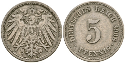 Германия 5 пфеннигов 1908 A KM 11, Jager 12, Weege 6 медно-никель 4364-4553