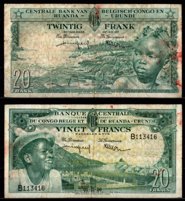 Бельгийское Конго - Руанда-Урунди 20 франков 1956 Pick 31 бумага 7217-15-2-2