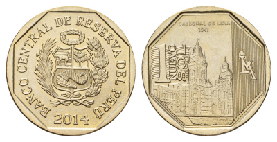 Перу 1 новый соль 2014 Богатство и гордость Перу - Кафедральный собор Лимы KM 384 медь цинк никель UNC 3334-624