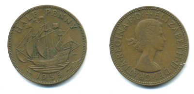 Великобритания 1/2 пенни 1955 Елизавета II (1952-2022) KM 896, Spink 4158 бронза 4383-1036