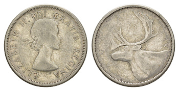Канада 25 центов 1955 Елизавета II (1952-2022), олень KM 52 серебро 73-1436