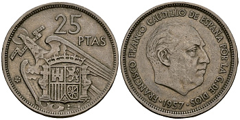 Испания 25 песет 1957 Франсиско Франко (1939 - 1975) KM 787 медно-никель 4168-1016