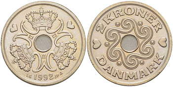 Дания 2 кроны 1993 LG; JP; A, Маргрете II (1972- ) KM 874.1 медно-никель 202-835