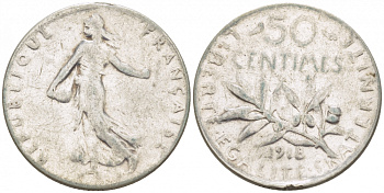 ФРАНЦИЯ 50 САНТИМОВ 1918 KM 854 серебро 3309-168