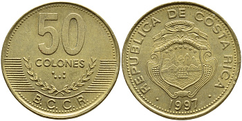 Коста-Рика 50 колонов 1997 B.C.C.R., год тип KM 231 латунь 3459-137