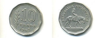 Аргентина 10 песо 1963 Гаучо KM 60 никелированная сталь 4379-1436