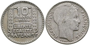 Франция 10 франков 1933 Пьер Тюрен KM 878, Le Franc 360.6 серебро 63-911