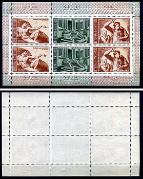 СССР лист из 6 марок (14, 20 и 30) копеек 1975 500 лет со дня рождения Микеланджело Буонарроти - сотворение Адама, лестница библиотеки, страшный суд Загорский 4382, 4383 и 4384 марка с оригинальным клеем, без следов наклейки (чистая) 8705-66-2-2