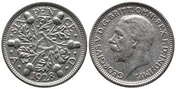 Великобритания 6 пенсов 1928 Георг V (1910-1936) KM 832, Spink 4040 серебро 201-111