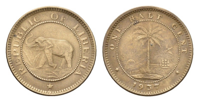 Либерия 1/2 цента 1937 год-тип KM 10 латунь aUNC 4679-114