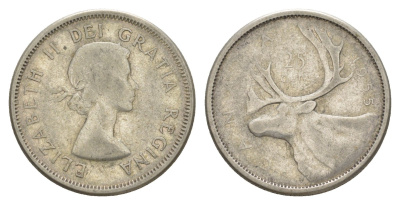 Канада 25 центов 1955 Елизавета II (1952-2022), олень KM 52 серебро 73-1436