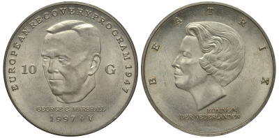Нидерланды 10 гульденов 1997 Беатрикс (1980-2013), Джордж Маршалл KM 224 серебро UNC 413-3942
