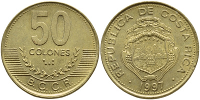Коста-Рика 50 колонов 1997 B.C.C.R., год тип KM 231 латунь 3459-137