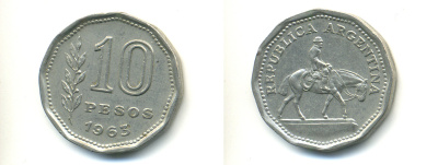 Аргентина 10 песо 1963 Гаучо KM 60 никелированная сталь 4379-1436