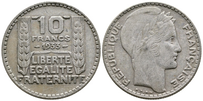 Франция 10 франков 1933 Пьер Тюрен KM 878, Le Franc 360.6 серебро 63-911