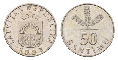 Латвия 50 сантимов 1992 KM 13 медно-никель 105-1147