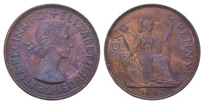 Великобритания 1 пенни 1967 Елизавета II (1952-2022) KM 897, Spink 4157 бронза 3855-1045