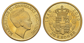 Дания 20 крон 2010 70 лет со дня рождения королевы Маргрете II KM 937 алюминиевая бронза UNC 4650-442