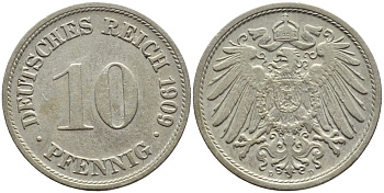 ГЕРМАНИЯ 10 ПФЕННИГОВ 1909 D KM 12, J 13 медно-никель 4395-1235