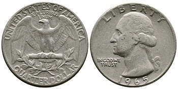 США 25 центов (квотер) 1965 Вашингтон KM 164а медь плакированная медно-никелем 4364-2216