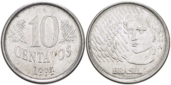 Бразилия 10 сентаво 1994 голова свободы KM 633 нержавеющая сталь 54-1437