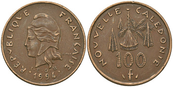 Французская Новая Каледония 100 франков 1994 хижина среди сосен и пальм, (IEOM) KM 15, Schoen 16, Lec 138 никель бронза 88-1033