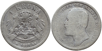 Швеция 1 крона 1897 ЕВ, Оскар II (1872-1907) король Швеции и Норвегии KM 760 серебро 1530-913