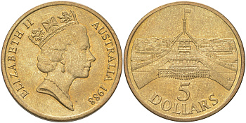 Австралия 5 долларов 1988 Здание парламента KM 102 алюминиевая бронза UNC 1088-5-31