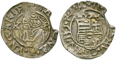 Венгрия 1 денар 1576 КВ, Максимилиан II Габсбург (1564-1576), мадонна с младенцем серебро 99-1012