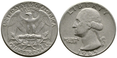 США 25 центов (квотер) 1965 Вашингтон KM 164а медь плакированная медно-никелем 4364-2216