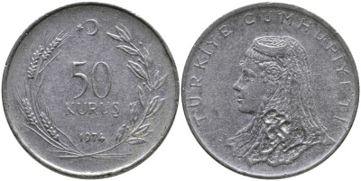 Турция 50 курушей 1974 Анатолийская невеста KM 899 нержавеющая сталь 4541-926