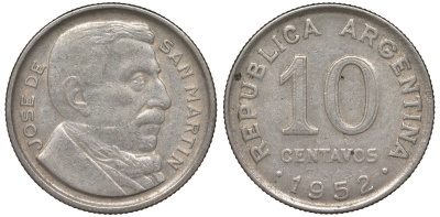 Аргентина 10 сентаво 1952 генерал Хосе де Сан Мартин KM 47 медно-никель 4164-315